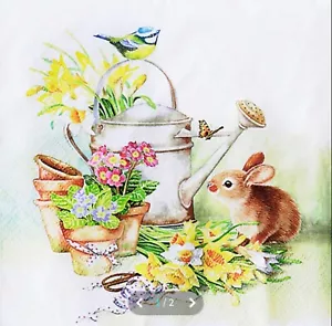 "New" 2 Paper Napkins for Decoupage/Scrapbooking/Craft-Bunny with watering can - Picture 1 of 6