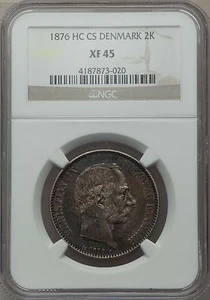 1876 HC CS Denmark 2 Kroner, NGC XF 45, Over $450 in Krause Catalog - Picture 1 of 2