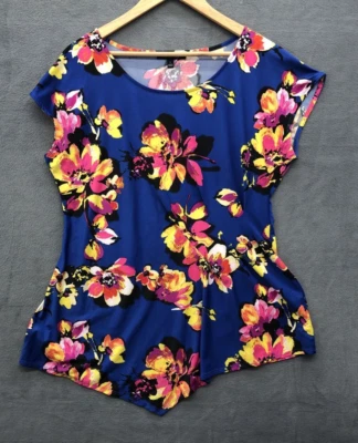 Relativity Womens Blouse Size Large Blue Floral Asymmetrical Peplum Tropical - Image 1 of 4