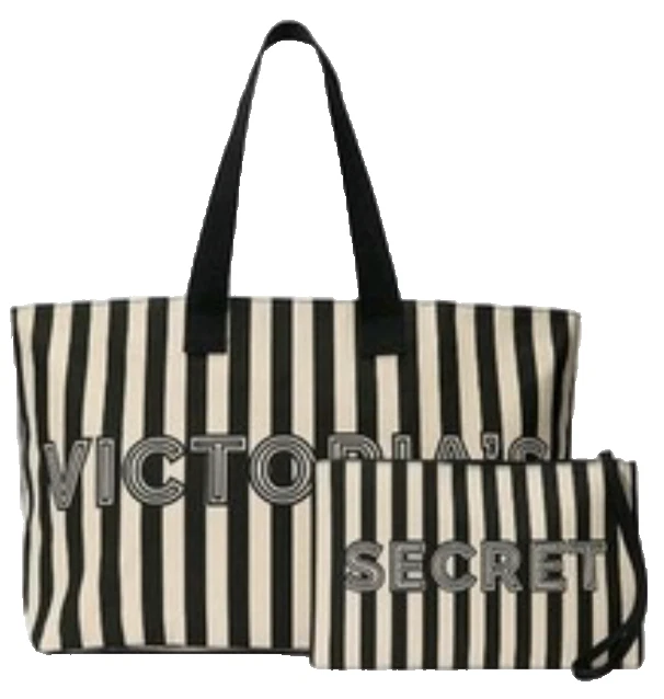 2 PC VICTORIA'S SECRET STRIPED CANVAS TOTE + WRISTLET WEEKENDER TRAVEL BEACH BAG - Image 1 of 1
