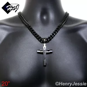 20"MEN Stainless Steel 9x4mm Black Plated Cuban Curb Necklace Cross Pendant*A11 - Picture 1 of 4