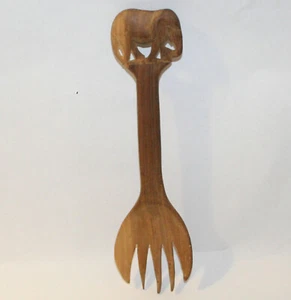 Vintage handgeschnitzte Holz Elefant Salat Serviergabel Afrika 8 3/8 Zoll lang - Bild 1 von 3