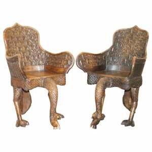 PAIR OF ORNATE BURMESE ANGLO INDIAN HAND CARVED CIRCA 1880 PEACOCK ARMCHAIRS