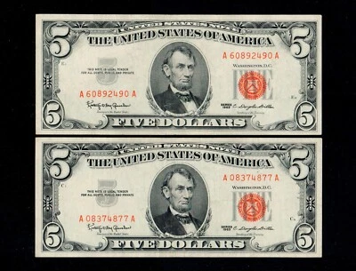 Lot of Two $5 1963 Red Seal United States Notes Free Shipping (H83) - Image 1 of 2