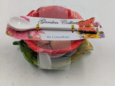 Juego de 3 piezas de taza de té, platillo de hojas y cuchara de mariposa con flor de rubí de esquina de amapola roja Foto 1 de 4