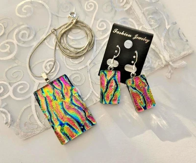 手工制作熔融玻璃多色二色玻璃吊坠和耳环套装/全新 — 第 1/3 张图片