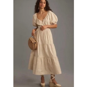 Maxi abito Anthropologie Somerset manica a sbuffo a strati vita affumicata a pois 1X - Foto 1 di 8