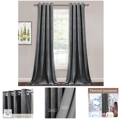 Cortinas de terciopelo gris 2 paneles W52 x L96 resistentes a la decoloración apagón aislado para Foto 1 de 4