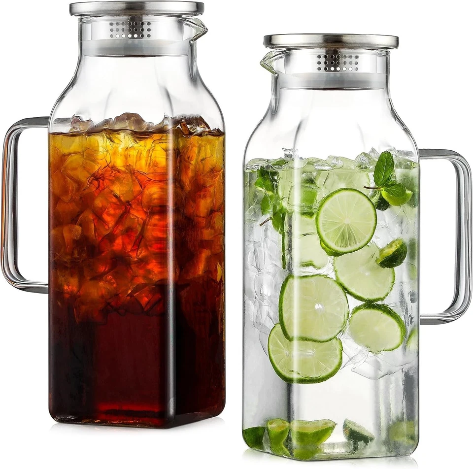 Netany 2 Pack 2 Liters/68 Oz Square Glass Pitcher with Lid and Handle for Fridge