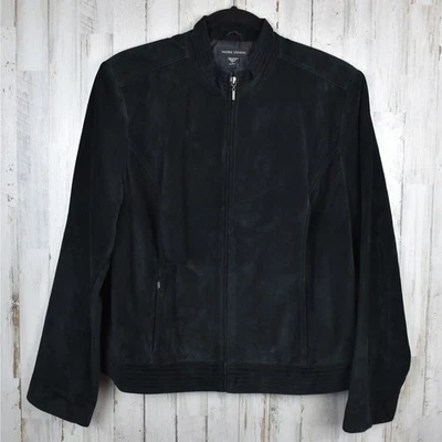 Valerie Stevens black suede leather full zip moto jacket w/ pockets size large - Image 1 of 4