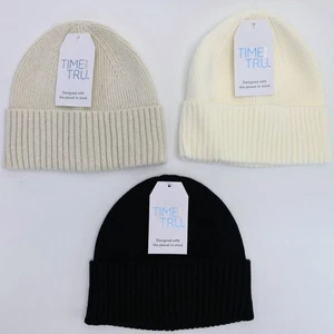 Set 3 Cappelli Time And Tru Beanie Invernali Bianco, Beige, Nero Maglia a Coste Polsini Lotto - Foto 1 di 6
