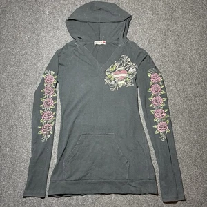 Vintage Y2K Babydoll Kapuzenoberteil Affliction Grunge Blumen Kreuze Henley Large - Bild 1 von 7