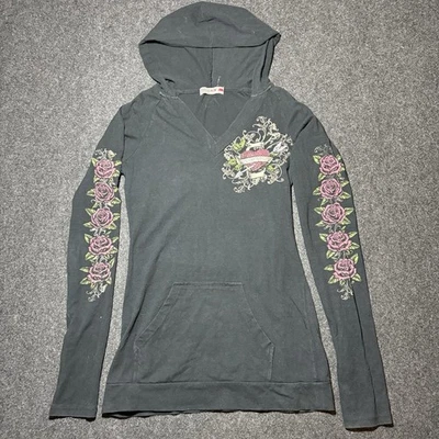 Babydoll vintage Y2K con capucha top aflicción grunge cruces florales Henley grande Foto 1 de 4
