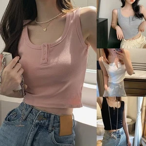 Casual Summer Vest Cotton Spandex Sleeveless Women Solid Color Tank Top - Picture 1 of 20