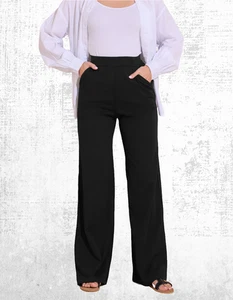 Women's Jersey Wide Leg Textured Trousers in Black - Picture 1 of 4