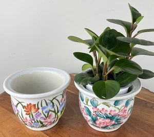 Set/2 Chinese 4-1/2” Garden Motif Jardiniere Pot Planter Hand Painted Drain Hole - Picture 1 of 11