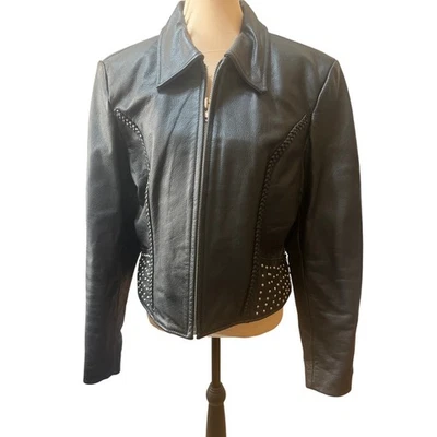 Chaqueta L de cuero trenzado con tachuelas negras granuladas para motociclista Rock Edgy Rebel Foto 1 de 4