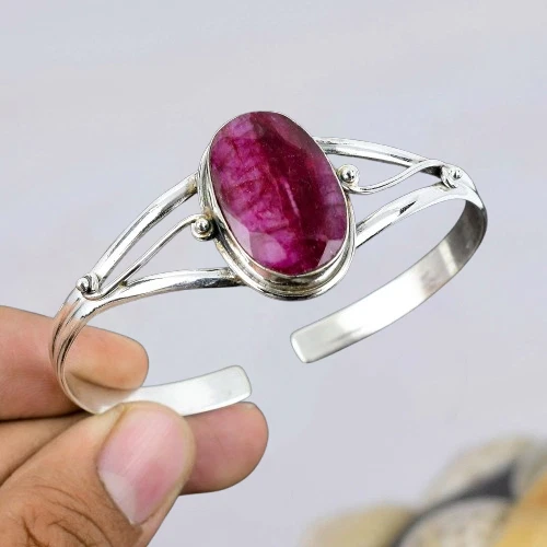 Ruby Simulated Bangle 925 Sterling Silver Handmade Bangle Anniversary Jewelry - Image 1 of 3