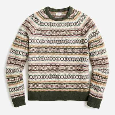J. CREW Men's Wool Blend Fair Isle Crewneck Sweater Heather Black Forest - NWT - Image 1 of 4