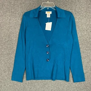 Talbots Cardigan M Petite NOS Womens Polo Sweater V Neck Blue Ribbed Stretch - Picture 1 of 11