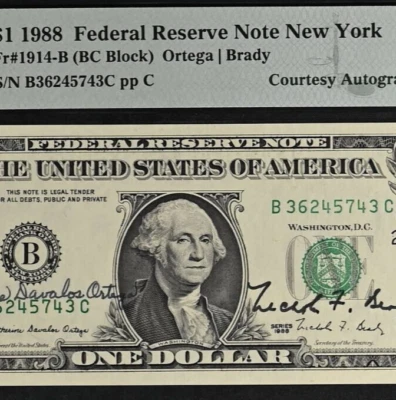 1988 $1 Federal Reserve Note - PMG 63EPQ - Dual Autograph - Ortega / Brady - Image 1 of 3