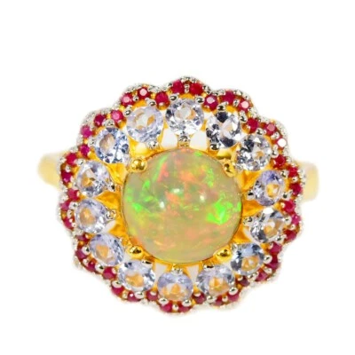 925 STERLING SILVER NATURAL RAINBOW OPAL, BLUE TANZANITE & RED RUBY  RING SIZE 7 - Image 1 of 4