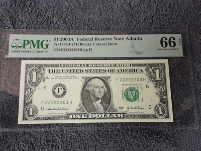 2003A $1 Federal Reserve Note PMG 66 EPQ FR# 1930-F Gem Unc Near Solid Two's  - Image 1 of 2