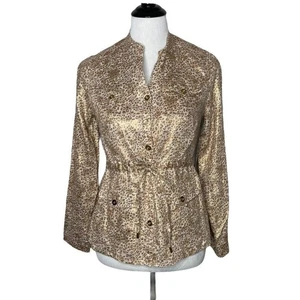 Charter Club Leopard Print Jacket Size S P Metallic Gold 100% Linen Top NEW - Picture 1 of 14