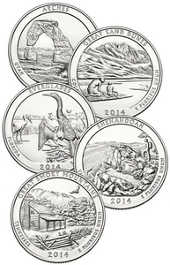 2014  *America The Beautiful* Quarters (5) Circulated Coin Set - Picture 1 of 10