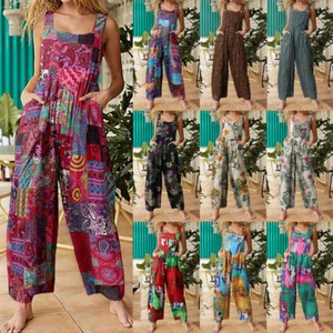Womens Patchwork Floral Printed Loose Dungarees Jumpsuit Pants Rompers Overalls - Picture 1 of 21