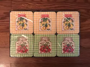 Vintage Kork Untersetzer Goldrand Zitronen & Erdbeeren Einmachgläser 6er Set - Bild 1 von 4