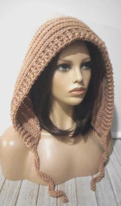 gehäkelte Damen Handarbeit Pixie Kapuze Mütze Sepia Braun - Bild 1 von 3