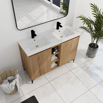 Tocador de baño independiente de madera contrachapada de 48 pulgadas con lavabo doble con estante y puertas Foto 1 de 4