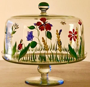 Clear Glass Pedestal Cake Stand w/Hand-Painted Floral Dome Cover 12“ H x 12” D - Picture 1 of 18
