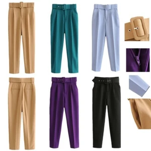 Mujer Cintura Alta Cinturón Ancho Pantalones Bolsa de Papel Acanalado Damas Bolsillos Pantalones Largos - Imagen 1 de 21