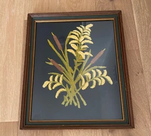 Vintage Cat Tail Needlepunch Textile on Black Background Framed Circa 1970's - Picture 1 of 5
