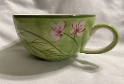 Vintage April Cornell 2001 Pink & Green Floral Stoneware Coffee Tea Mug Cup - Image 1 of 4