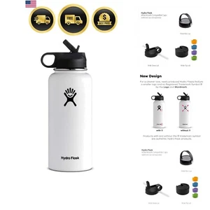 Stainless Steel Water Bottle Vacuum Insulated 32oz Wide Mouth with Straw Lid - Picture 1 of 10