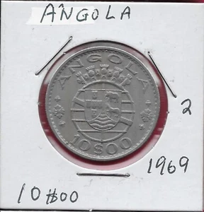 ANGOLA PORTUGUESE COLONY 10$00 ESCUDOS 1969 XF FIVE CROWNS ABOVE ARMS,VALUE BELO - Picture 1 of 2