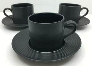3 Cup Saucer Sets Pottery Barn Stoneware Black PBA79 Embossed Rings Smooth Tea - Picture 1 of 4