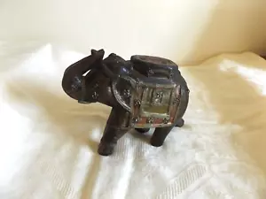 ANTIQUE INDIAN HAND CARVED WOODEN ELEPHANT SCULPTURE WITH BRASS & COPPER ACCENTS - Picture 1 of 24