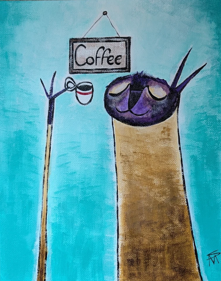 Original Cat Painting Coffee House Siamese Coffee Art Samantha McLean (8x10in.) - Image 1 of 1