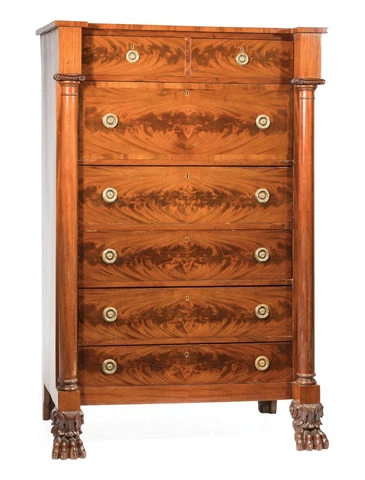 Monumental American Classical Empire Mahogany Tall Chest of Drawers Cover