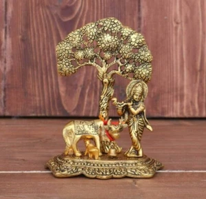 Krishna Suona Flauto Mucca con Signore Statua Idolo con Statuina in Ottone in Piedi - Foto 1 di 5
