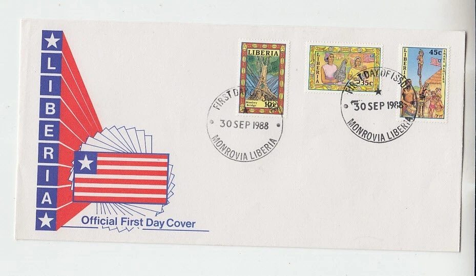 Liberia # 1105-07 FDC 1988 Bridge - Dancers - Sasa Players - Image 1 of 1