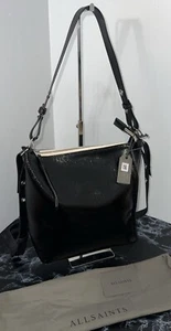ALLSAINTS Kita Leder wandelbare Umhängetasche schwarz Glanz AUTHENTISCH Neu mit Etikett - Bild 1 von 10