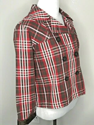 Blazer feminino jaqueta vermelha xadrez marrom tamanho 14 forrado peito duplo Crazy 8 - Imagem 1 de 4