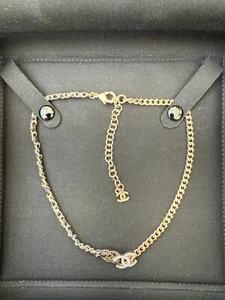 CHANEL Gold Metal Black Leather Double CC Crystal Choker/Necklace - Picture 1 of 7