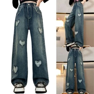 Kids Girls Trousers Bottom Jeans Wide-Leg Pants With Pockets Birthday Casual - Picture 1 of 18