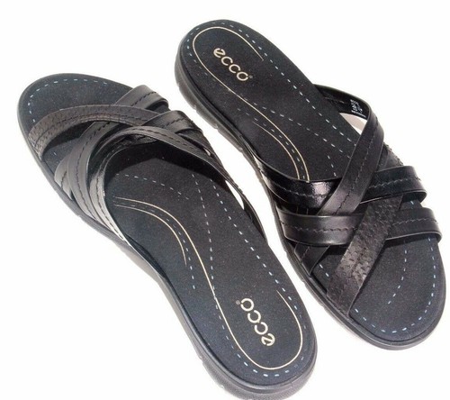 ecco sandali neri in pelle con tre cinturini slides taglia 42 EU 10 5 US nuovi